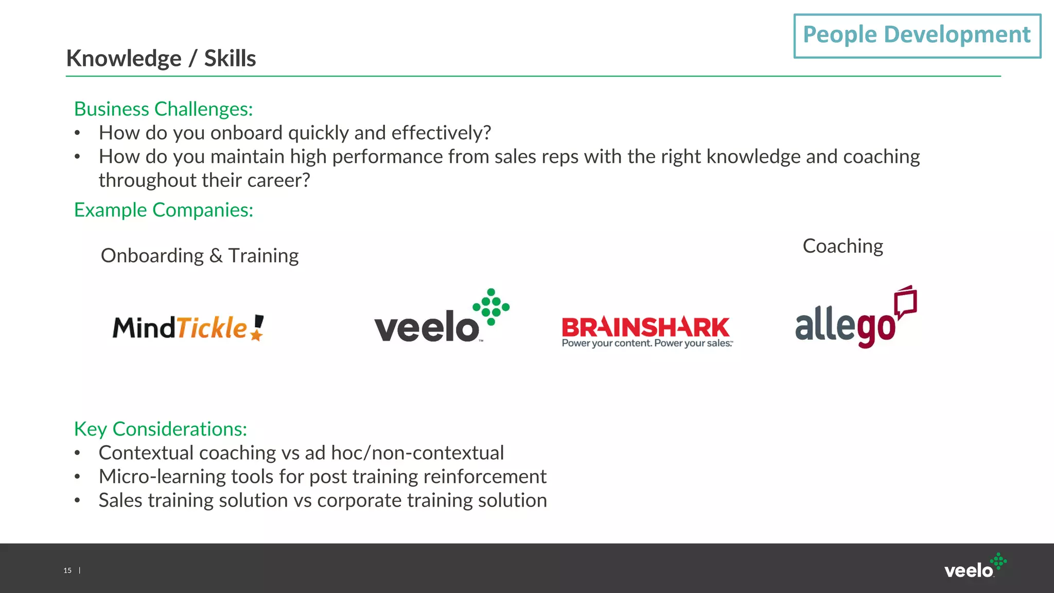 15
People Development
Knowledge / Skills
Business Challenges:
• How do you onboard quickly and effectively?
• How do you maintain high performance from sales reps with the right knowledge and coaching
throughout their career?
Example Companies:
Key Considerations:
• Contextual coaching vs ad hoc/non-contextual
• Micro-learning tools for post training reinforcement
• Sales training solution vs corporate training solution
Onboarding & Training Coaching
 