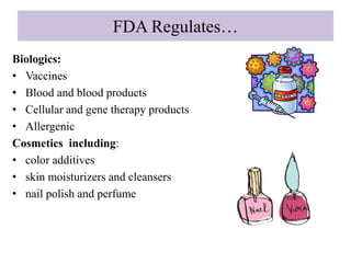 FDA Regulates…
Biologics:
• Vaccines
• Blood and blood products
• Cellular and gene therapy products
• Allergenic
Cosmetics including:
• color additives
• skin moisturizers and cleansers
• nail polish and perfume
 
