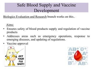 Safe Blood Supply and Vaccine
Development
Biologics Evaluation and Research branch works on this..
Aims:
• Ensures safety of blood products supply and regulation of vaccine
products
• Addresses areas such as emergency operations, response to
emerging diseases, and updating of regulations.
• Vaccine approval
 