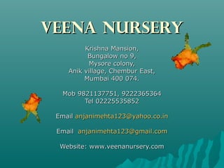 VEENA NURSERY
Krishna Mansion,
Bungalow no 9,
Mysore colony,
Anik village, Chembur East,
Mumbai 400 074.
Mob 9821137751, 9222365364
Tel 02225535852
Email anjanimehta123@yahoo.co.in
Email anjanimehta123@gmail.com
Website: www.veenanursery.com

 