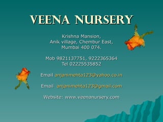 VEENA NURSERY Krishna Mansion, Anik village, Chembur East, Mumbai 400 074. Mob 9821137751, 9222365364 Tel 02225535852 Email  [email_address] Email  [email_address] Website: www.veenanursery.com 