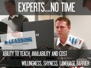 EXPERTS....NO TIME
WILLINGNESS, SHYNESS, LANGUAGE BARRIER
ABILITY TO TEACH, AVAILABILITY AND COST
 