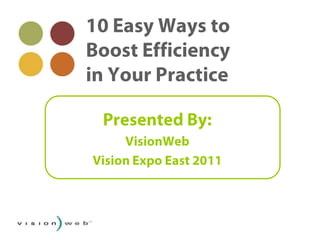 10 Easy Ways to Boost Efficiency in Your Practice Presented By:  VisionWeb  Vision Expo East 2011 