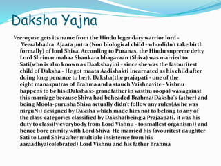 Daksha Yajna
Veeragase gets its name from the Hindu legendary warrior lord -
Veerabhadra Ajaata putra (Non biological child - who didn't take birth
formally) of lord Shiva. According to Puranas, the Hindu supreme deity
Lord Shrimanmahaa Shankara bhagavaan (Shiva) was married to
Sati(who is also known as Daakshayini - since she was the favouritest
child of Daksha - He got maata Aadishakti incarnated as his child after
doing long penance to her). Daksha(the prajapati - one of the
eight manasputras of Brahma and a stauch Vaishnavite - Vishnu
happens to be his<Daksha's> grandfather in vasthu roopa) was against
this marriage because Shiva had beheaded Brahma(Daksha's father) and
being Moola-purusha Shiva actually didn't follow any rules(As he was
nirguNi) designed by Daksha which made him not to belong to any of
the class-categories classified by Daksha(being a Prajaapati, it was his
duty to classify everybody from Lord Vishnu - to smallest organism)) and
hence bore enmity with Lord Shiva He married his favouritest daughter
Sati to Lord Shiva after multiple insistence from his
aaraadhya(celebrated) Lord Vishnu and his father Brahma
 