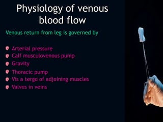  Foot and calf muscles
act to squeeze blood out
of deep veins.
 One way valve allow
only upward and inward
flow.
 Durin...