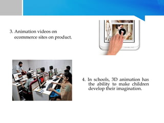 3. Animation videos on
ecommerce sites on product.

4. In schools, 3D animation has
the ability to make children
develop their imagination.

 