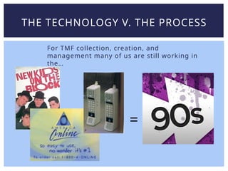 For TMF collection, creation, and
management many of us are still working in
the…
THE TECHNOLOGY V. THE PROCESS
=
 