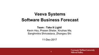 Veeva Systems
Software Business Forecast
Team : Take It Light!
Kevin Hsu, Prasen Shelar, Xinzhao Ma,
Sanghmitra Shrivastava, Zhongwu Shi
11-Dec-2017
1
 
