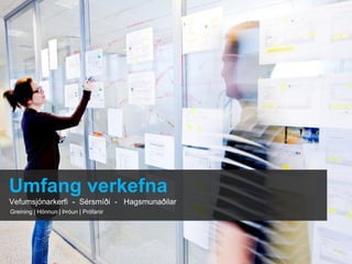 Umfang verkefna
Vefumsjónarkerfi - Sérsmíði - Hagsmunaðilar
Greining | Hönnun | Þróun | Prófanir
 