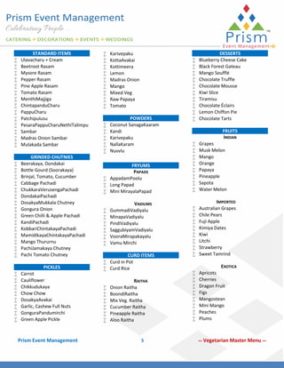 














STANDARD ITEMS
Ulavacharu + Cream
Beetroot Rasam
Mysore Rasam
Pepper Rasam
Pine Apple Rasam
Tomato Rasam
MenthiMajjiga
ChintapanduCharu
PappuCharu
Patchipulusu
PesaraPappuCharuNethiTalimpu
Sambar
Madras Onion Sambar
Mulakada Sambar

















GRINDED CHUTNIES
Beerakaya, Dondakai
Bottle Gourd (Soorakaya)
Brinjal, Tomato, Cucumber
Cabbage Pachadi
ChukkaraVerusengaPachadi
DondakaiPachadi
DosakyaMukkala Chutney
Gongura Onion
Green Chilli & Apple Pachadi
KandiPachadi
KobbariChintakayaPachadi
MamidikayaChintakayaPachadi
Mango Thururnu
PachiJamakaya Chutney
Pachi Tomato Chutney










PICKLES
Carrot
Cauliflower
Chikkudukaya
Chow Chow
DosakyaAvakai
Garlic, Cashew Full Nuts
GonguraPandumirchi
Green Apple Pickle

Prism Event Management











Karivepaku
KottaAvakai
Kottimeera
Lemon
Madras Onion
Mango
Mixed Veg
Raw Papaya
Tomato







POWDERS
Coconut SanagaKaaram
Kandi
Karivepaku
NallaKaram
Nuvvlu

FRYUMS
PAPADS
 AppadamPoolu
 Long Papad
 Mini MirayalaPapad







VADIUMS
GummadiVadiyalu
MinapaVadiyalu
PindiVadiyalu
SaggubiyamVadiyalu
VooraMirapakayalu
Vamu Mirchi

CURD ITEMS
 Curd in Pot
 Curd Rice







RAITHA
Onion Raitha
BoondiRaitha
Mix Veg. Raitha
Cucumber Raitha
Pineapple Raitha
Aloo Raitha

5












DESSERTS
Blueberry Cheese Cake
Black Forest Gateau
Mango Soufflé
Chocolate Truffle
Chocolate Mousse
Kiwi Slice
Tiramisu
Chocolate Éclairs
Lemon Chiffon Pie
Chocolate Tarts
FRUITS
INDIAN










Grapes
Musk Melon
Mango
Orange
Papaya
Pineapple
Sapota
Water Melon










IMPORTED
Australian Grapes
Chile Pears
Fuji Apple
Kimiya Dates
Kiwi
Litchi
Strawberry
Sweet Tamrind










EXOTICA
Apricots
Cherries
Dragon Fruit
Figs
Mangostean
Mini Mango
Peaches
Plums

**

Vegetarian Master Menu **

 