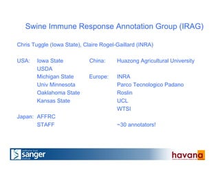 Swine Immune Response Annotation Group (IRAG)
Chris Tuggle (Iowa State), Claire Rogel-Gaillard (INRA)
USA: Iowa State China: Huazong Agricultural University
USDA
Michigan State Europe: INRA
Univ Minnesota Parco Tecnologico Padano
Oaklahoma State Roslin
Kansas State UCL
WTSI
Japan: AFFRC
STAFF ~30 annotators!
 