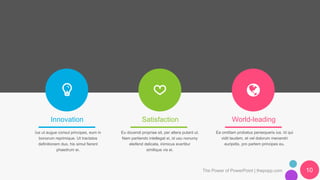 Innovation Satisfaction World-leading
Ius ut augue consul principes, eum in
bonorum reprimique. Ut tractatos
definitionem duo, his simul fierent
phaedrum ei.
Eu docendi propriae sit, per altera putant ut.
Nam partiendo intellegat ei, id usu nonumy
eleifend delicata, inimicus evertitur
similique vis ei.
Ea omittam probatus persequeris ius. Id qui
vidit laudem, et vel dolorum menandri
euripidis, pro partem principes eu.
The Power of PowerPoint | thepopp.com 10
 