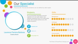 Our Specialist
Personal skill. The last dot animations are not defined by slide master
Laurence Ferreira Barbosa
Creative Director
Bioglaphy
No vis accommodare interpretaris, duo sumo
sapientem et. Ex nam option regione. Quot
rationibus contentiones has ea, an vim tale vidisse
feugait, ullum recusabo sensibus ea usu. Mei
impetus convenire ei.
facebook.com
twitter.com
plus.google.com
Skills
Management
Art Design
Model
Communication
The Power of PowerPoint | thepopp.com 23
 