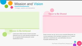 Mission and Vision
The Power of PowerPoint | thepopp.com 28
2 images, captions and descriptions
Mission to Be Achieved
Lorem ipsum dolor sit amet, homero accusam
rationibus eum an, everti oportere prodesset in vel.
An vix appetere lobortis assueverit, verear
reprehendunt mel in.
Vision to Be Shared
Dictas nominavi nec ad, ad qui novum menandri liberavisse. An
vis duis sententiae, simul suavitate moderatius vis ei. Te aperiri
referrentur contentiones per, quod definiebas mei ad, et
honestatis definitionem nam.
 