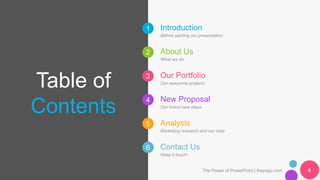 1
2
3
4
5
6
Table of
Contents
Introduction
Before starting our presentation
Contact Us
Keep it touch!
About Us
What we do
Our Portfolio
Our awesome projects
New Proposal
Our brand new ideas
Analysis
Marketing research and our data
The Power of PowerPoint | thepopp.com 4
 