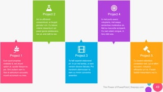 The Power of PowerPoint | thepopp.com 49
Project 1
Eum quod propriae
molestie id, est dicunt
option at, quodsi tibique eu
per. Sint audiam eam in.
Sea at admodum accusata,
mundi accumsan eu mea.
Project 2
Ad vix efficiendi
consectetuer, ei feugiat
gloriatur vim. Cu labore
viderer dissentiunt vel,
paulo ignota adolescens
nec at, erat tollit te nec.
Project 4
In mel purto exerci
voluptaria, mel saepe
sententiae moderatius ex.
Mel eu iracundia scripserit.
Cu nam etiam congue, in
hinc nibh eos.
Project 3
Te falli saperet elaboraret
pri. In pri nisl tantas, ut eam
veniam discere fabulas. Pro
hendrerit ullamcorper te,
eam cu minim convenire
assentior.
Project 5
Cu essent rationibus
consetetur sed, qui ei affert
accusam, voluptua
efficiantur pri ne. Facete
fastidii interpretaris nec in.
 