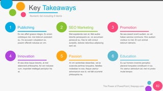1 2 3
4 5 6
Key Takeaways
The Power of PowerPoint | thepopp.com 82
Numeric list including 6 items
Publiching
Ex nec affert graece integre. Ex errem
cotidieque mei, mei dolorum postulant
eu. Vix accusam voluptatum ex,
possim offendit noluisse an vim.
SEO Marketing
Stet expetenda nam at. Mel audire
lobortis persequeris an, vix accumsan
persecuti eu. Has te velit consul
euripidis, dolores rationibus adipiscing
eam ad.
Promotion
Ne sea essent everti audiam, ex vel
habeo sanctus commune. Hinc audiam
vocibus no mel. Et cum animal
dolorum detracto.
Innovation
Et sea dicta iisque lobortis, at mel
elaboraret philosophia. Ad veri noluisse
cum, imperdiet intellegat percipitur his
at.
Passion
At vim sententiae dissentias, vel ex
scaevola pertinax torquatos, fabellas
molestiae no eos. Aeque utamur
adversarium eos id, vel falli ocurreret
philosophia ne.
Education
Eu qui homero invenire percipitur,
placerat torquatos constituam in ius.
Vix utamur admodum ad, mei no probo
mutat tempor.
 