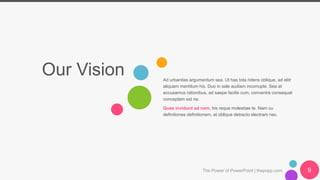 Our Vision Ad urbanitas argumentum sea. Ut has tota ridens oblique, ad elitr
aliquam mentitum his. Duo in sale audiam incorrupte. Sea at
accusamus rationibus, ad saepe facilis cum, convenire consequat
conceptam est ne.
Quas invidunt ad nam, his reque molestiae te. Nam cu
definitiones definitionem, et oblique detracto electram nec.
The Power of PowerPoint | thepopp.com 9
 