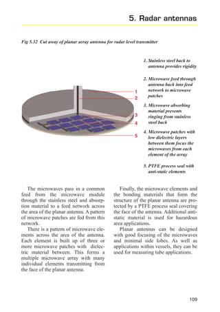 5. Radar antennas
Fig 5.32 Cut away of planar array antenna for radar level transmitter

1. Stainless steel back to
antenna provides rigidity

1
2

3
4
5

2. Microwave feed through
antenna back into feed
network to microwave
patches
3. Microwave absorbing
material prevents
ringing from stainless
steel back
4. Microwave patches with
low dielectric layers
between them focus the
microwaves from each
element of the array
5. PTFE process seal with
anti-static elements

The microwaves pass in a common
feed from the microwave module
through the stainless steel and absorption material to a feed network across
the area of the planar antenna. A pattern
of microwave patches are fed from this
network.
There is a pattern of microwave elements across the area of the antenna.
Each element is built up of three or
more microwave patches with dielectric material between. This forms a
multiple microwave array with many
individual elements transmitting from
the face of the planar antenna.

Finally, the microwave elements and
the bonding materials that form the
structure of the planar antenna are protected by a PTFE process seal covering
the face of the antenna. Additional antistatic material is used for hazardous
area applications.
Planar antennas can be designed
with good focusing of the microwaves
and minimal side lobes. As well as
applications within vessels, they can be
used for measuring tube applications.

109

 