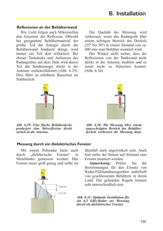 6. Installation
Reflexionen an der Behälterwand
Wie Licht folgen auch Mikrowellen
den Gesetzen der Reflexion. Obwohl
bei geeignetem Behältermaterial der
größte Teil der Energie durch die
Behälterwand hindurch dringt, wird
immer ein Teil dort reflektiert. Bei
ebener Tankdecke und Aufsetzen des
Radargerätes auf dem Tank wird dieser
Teil der Sendeenergie direkt in die
Antenne zurückreflektiert (Abb. 6.29).
Dies führt zu erhöhtem Rauschen im
Nahbereich.

Abb. 6.29: Eine flache Behälterdecke
produziert eine Störreflexion direkt
zurück in die Antenne.

Die Qualität der Messung wird
verbessert, wenn das Radargerät über
einem schrägen Bereich des Deckels
(35º bis 50º) in einem Abstand von ca.
400 mm zum Behälter montiert wird.
Der Winkel stellt sicher, dass die
Reflexionen von der Tankwand nicht
direkt in die Antenne strahlen und es
somit nicht zu Störechos kommt.
(Abb. 6.30)

Abb. 6.30: Die Messung über einem
angeschrägten Bereich des Behälterdeckels verbessert die Messung deut-

Messung durch ein dielektrisches Fenster
Mit einem Pulsradar kann auch
durch „dielektrische Fenster“ in
Metalltanks gemessen werden. Das
Fenster muss groß genug und sollte im

Idealfall auch angewinkelt sein. Auch
hier sollte der Sensor auf Abstand zum
Fenster montiert werden.
Anmerkung: Prüfen Sie die
Bestimmungen für den Einsatz von
Radar-Füllstandmessgeräten außerhalb
von geschlossenen Behältern in ihrem
Land. Die geltenden Regeln können
sehr unterschiedlich sein.

Abb. 6.31: Optimale Installation für
ein 6,3 GHz-Radar zur Messung
durch ein dielektrisches Fenster.

135

 