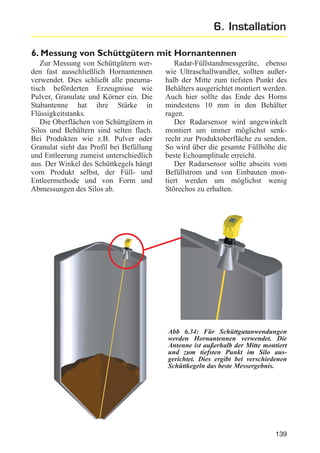 6. Installation
6. Messung von Schüttgütern mit Hornantennen
Zur Messung von Schüttgütern werden fast ausschließlich Hornantennen
verwendet. Dies schließt alle pneumatisch beförderten Erzeugnisse wie
Pulver, Granulate und Körner ein. Die
Stabantenne hat ihre Stärke in
Flüssigkeitstanks.
Die Oberflächen von Schüttgütern in
Silos und Behältern sind selten flach.
Bei Produkten wie z.B. Pulver oder
Granulat sieht das Profil bei Befüllung
und Entleerung zumeist unterschiedlich
aus. Der Winkel des Schüttkegels hängt
vom Produkt selbst, der Füll- und
Entleermethode und von Form und
Abmessungen des Silos ab.

Radar-Füllstandmessgeräte, ebenso
wie Ultraschallwandler, sollten außerhalb der Mitte zum tiefsten Punkt des
Behälters ausgerichtet montiert werden.
Auch hier sollte das Ende des Horns
mindestens 10 mm in den Behälter
ragen.
Der Radarsensor wird angewinkelt
montiert um immer möglichst senkrecht zur Produktoberfläche zu senden.
So wird über die gesamte Füllhöhe die
beste Echoamplitude erreicht.
Der Radarsensor sollte abseits vom
Befüllstrom und von Einbauten montiert werden um möglichst wenig
Störechos zu erhalten.

Abb 6.34: Für Schüttgutanwendungen
werden Hornantennen verwendet. Die
Antenne ist außerhalb der Mitte montiert
und zum tiefsten Punkt im Silo ausgerichtet. Dies ergibt bei verschiedenen
Schüttkegeln das beste Messergebnis.

139

 