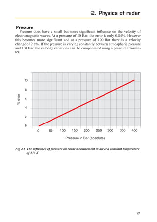 2. Physics of radar
Pressure
Pressure does have a small but more significant influence on the velocity of
electromagnetic waves. At a pressure of 30 Bar, the error is only 0.84%. However
this becomes more significant and at a pressure of 100 Bar there is a velocity
change of 2.8%. If the pressure is varying constantly between atmospheric pressure
and 100 Bar, the velocity variations can be compensated using a pressure transmitter.

10

% error

8
6
4
2
0
0

50

100

150

200

250

300

350

400

Pressure in Bar (absolute)
Fig 2.6 The influence of pressure on radar measurement in air at a constant temperature
of 273 K

21

 