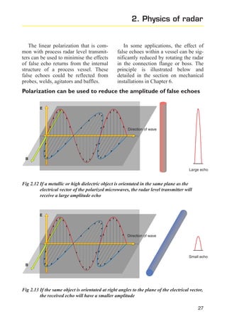 2. Physics of radar

The linear polarization that is common with process radar level transmitters can be used to minimise the effects
of false echo returns from the internal
structure of a process vessel. These
false echoes could be reflected from
probes, welds, agitators and baffles.

In some applications, the effect of
false echoes within a vessel can be significantly reduced by rotating the radar
in the connection flange or boss. The
principle is illustrated below and
detailed in the section on mechanical
installations in Chapter 6.

Polarization can be used to reduce the amplitude of false echoes
E

Direction of wave

B
Large echo

Fig 2.12 If a metallic or high dielectric object is orientated in the same plane as the
electrical vector of the polarized microwaves, the radar level transmitter will
receive a large amplitude echo

E

Direction of wave

Small echo
B

Fig 2.13 If the same object is orientated at right angles to the plane of the electrical vector,
the received echo will have a smaller amplitude
27

 