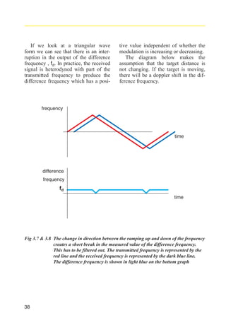 If we look at a triangular wave
form we can see that there is an interruption in the output of the difference
frequency , fd. In practice, the received
signal is heterodyned with part of the
transmitted frequency to produce the
difference frequency which has a posi-

tive value independent of whether the
modulation is increasing or decreasing.
The diagram below makes the
assumption that the target distance is
not changing. If the target is moving,
there will be a doppler shift in the difference frequency.

frequency

time

difference
frequency

fd
time

Fig 3.7 & 3.8 The change in direction between the ramping up and down of the frequency
creates a short break in the measured value of the difference frequency.
This has to be filtered out. The transmitted frequency is represented by the
red line and the received frequency is represented by the dark blue line.
The difference frequency is shown in light blue on the bottom graph

38

 