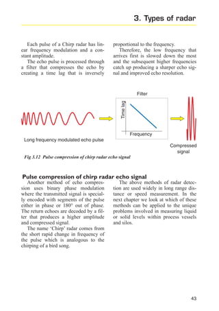 3. Types of radar

Each pulse of a Chirp radar has linear frequency modulation and a constant amplitude.
The echo pulse is processed through
a filter that compresses the echo by
creating a time lag that is inversely

proportional to the frequency.
Therefore, the low frequency that
arrives first is slowed down the most
and the subsequent higher frequencies
catch up producing a sharper echo signal and improved echo resolution.

Time lag

Filter

Frequency
Long frequency modulated echo pulse
Compressed
signal
Fig 3.12 Pulse compression of chirp radar echo signal

Pulse compression of chirp radar echo signal
Another method of echo compression uses binary phase modulation
where the transmitted signal is specially encoded with segments of the pulse
either in phase or 180° out of phase.
The return echoes are decoded by a filter that produces a higher amplitude
and compressed signal.
The name ‘Chirp’ radar comes from
the short rapid change in frequency of
the pulse which is analogous to the
chirping of a bird song.

The above methods of radar detection are used widely in long range distance or speed measurement. In the
next chapter we look at which of these
methods can be applied to the unique
problems involved in measuring liquid
or solid levels within process vessels
and silos.

43

 