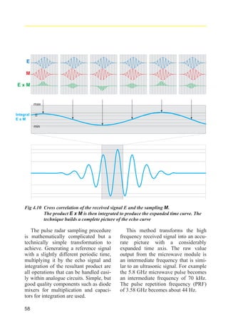 radar_applied_to_level_rb.qxd

15.01.2007

18:46

Seite 58

E
M
ExM

max
Integral
ExM

0
min

Fig 4.10 Cross correlation of the received signal E and the sampling M.
The product E x M is then integrated to produce the expanded time curve. The
technique builds a complete picture of the echo curve

The pulse radar sampling procedure
is mathematically complicated but a
technically simple transformation to
achieve. Generating a reference signal
with a slightly different periodic time,
multiplying it by the echo signal and
integration of the resultant product are
all operations that can be handled easily within analogue circuits. Simple, but
good quality components such as diode
mixers for multiplication and capacitors for integration are used.
58

This method transforms the high
frequency received signal into an accurate picture with a considerably
expanded time axis. The raw value
output from the microwave module is
an intermediate frequency that is similar to an ultrasonic signal. For example
the 5.8 GHz microwave pulse becomes
an intermediate frequency of 70 kHz.
The pulse repetition frequency (PRF)
of 3.58 GHz becomes about 44 Hz.

 