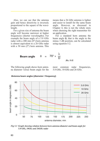 Also, we can see that the antenna
gain and hence directivity is inversely
proportional to the square of the wavelength.
For a given size of antenna the beam
angle will become narrower at higher
frequencies (shorter wavelengths). For
example the beam angle of a 5.8 GHz
radar with a 200 mm (8") horn antenna
is almost equivalent to a 26 GHz radar
with a 50 mm (2") horn antenna. This

Beam angle

φ

=

means that a 26 GHz antenna is lighter
and easier to install for the same beam
angle. However, as discussed in
Chapter 4, this is not the whole story
when choosing the right transmitter for
an application.
For a standard horn antenna the
beam angle φ, that is the angle to the
minus 3 dB position, can be calculated
using equation 5.2.

70° x

λ
D
[Eq. 5.2]

The following graph shows horn antenna diameter versus beam angle for the

most common radar frequencies,
5.8 GHz, 10 GHz and 26 GHz.

Antenna beam angles (diameter / frequency)

beam angle in degrees (-3dB)

80
5.8 GHz
10 GHz

60

26 GHz
40

20

0

50

75

100

125

150

175

200

225

250

antenna diameter, mm
Fig 5.3 Graph showing relation between horn antenna diameter and beam angle for
5.8 GHz, 10Ghz and 26GHz radar
80

 