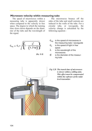 Microwave velocity within measuring tube
The speed of microwaves within a
measuring tube is apparently slower
when compared to the velocity in free
space. The degree to which the running
time slows down depends on the diameter of the tube and the wavelength of
the signal.

cwg = co x

{

1-

2

}

λ
( 1.71d )2

[Eq. 5.3]

The microwaves bounce off the
sides of the tube and small currents are
induced in the walls of the tube. For a
circular tube, or waveguide, the
velocity change is calculated by the
following equation :

cwg
co
λ
d

is the speed of microwaves in
the measuring tube / waveguide
is the speed of light in free
space
is the wavelength of the
microwaves
is the diameter of the measuring tube

Fig 5.28 The transit time of microwaves
is slower within a stilling tube.
This effect must be compensated
within the software of the radar
level transmitter

104

 