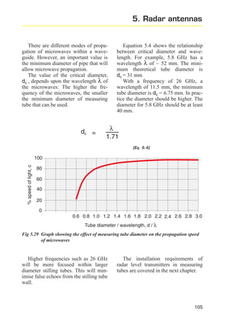 5. Radar antennas

There are different modes of propagation of microwaves within a waveguide. However, an important value is
the minimum diameter of pipe that will
allow microwave propagation.
The value of the critical diameter,
dc , depends upon the wavelength λ of
the microwaves: The higher the frequency of the microwaves, the smaller
the minimum diameter of measuring
tube that can be used.

dc =

Equation 5.4 shows the relationship
between critical diameter and wavelength. For example, 5.8 GHz has a
wavelength λ of ~ 52 mm. The minimum theoretical tube diameter is
dc = 31 mm
With a frequency of 26 GHz, a
wavelength of 11.5 mm, the minimum
tube diameter is dc = 6.75 mm. In practice the diameter should be higher. The
diameter for 5.8 GHz should be at least
40 mm.

λ
1.71
[Eq. 5.4]

% speed of light, c

100
80
60
40
20
0
0.6 0.8 1.0 1.2 1.4 1.6 1.8 2.0 2.2 2.4 2.6 2.8 3.0
Tube diameter / wavelength, d / λ
Fig 5.29 Graph showing the effect of measuring tube diameter on the propagation speed
of microwaves

Higher frequencies such as 26 GHz
will be more focused within larger
diameter stilling tubes. This will minimise false echoes from the stilling tube
wall.

The installation requirements of
radar level transmitters in measuring
tubes are covered in the next chapter.

105

 