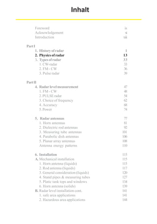 Inhalt
Foreword
Acknowledgement
Introduction

ix
xi
xiii

Part I
1. History of radar
2. Physics of radar
3. Types of radar
1. CW-radar
2. FM - CW
3. Pulse radar

1
13
33
33
36
39

Part II
4. Radar level measurement
1. FM - CW
2. PULSE radar
3. Choice of frequency
4. Accuracy
5. Power

47
48
54
62
68
74

5. Radar antennas
1. Horn antennas
2. Dielectric rod antennas
3. Measuring tube antennas
4. Parabolic dish antennas
5. Planar array antennas
Antenna energy patterns

77
81
92
101
106
108
110

6. Installation
A. Mechanical installation
1. Horn antenna (liquids)
2. Rod antenna (liquids)
3. General consideration (liquids)
4. Stand pipes & measuring tubes
5. Platic tank tops and windows
6. Horn antenna (solids)
B. Radar level installation cont.
1. safe area applications
2. Hazardous area applications

115
115
115
117
120
127
134
139
141
141
144

 