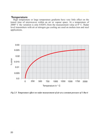 Temperature
High temperature or large temperature gradients have very little effect on the
transit time of microwaves within an air or vapour space. At a temperature of
2000° C the variation is only 0.026% from the measurement value at 0° C. Radar
level transmitters with air or nitrogen gas cooling are used on molten iron and steel
applications.

0.03
0.025

% error

0.02
0.015
0.01
0.005
0.0
0

250

500

750

1000

1250

1500

1750

2000

Temperature in ° C
Fig 2.5 Temperature effect on radar measurement of air at a constant pressure of 1 BarA

20

 