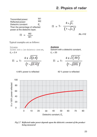 2. Physics of radar
W1
Transmitted power:
W2
Reflected power:
Dielectric constant:
εr
Then the percentage of reflected
power at the dielectric layer,

Π = 1-

4 x εr

(1 + ε )

2

r

W2

Π =

[Eq. 2.5]

W1

Typical examples are as follows:
Acetone
Solvent with a dielectric constant,
εr = 20

Toluene
Solvent with a low dielectric consta t
n,
εr = 2.4

Π = 1-

(2.4)

4x

(1 +

Π = 1-

2

(2.4))

4.46% power is reflected

4x

(1 +

( 20 )
(20)

2

)

40 % power is reflected

Π x 100% power reflected

100
80
60
40
20
0
0

10

20

30

40

50

60

70

80

Dielectric constant, εr

Fig 2.7 Reflected radar power depends upon the dielectric constant of the product
being measured
23

 