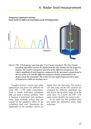 radar_applied_to_level_rb.qxd

15.01.2007

18:46

Seite 53

4. Radar level measurement

amplitude

Frequency spectrum echoes
Each echo is within an envelope curve of frequencies

frequency

Fig 4.4 FM - CW frequency spectrum after Fast Fourier transform. The Fast Fourier
transform algorithm converts the signals from the time domain into the frequency
domain. The result is a frequency spectrum of the difference frequencies. The
relative amplitude of each frequency component in the spectrum is proportional to
the size of the echo and the difference frequency itself is proportional to the
distance from the transmitter. The echoes are not single frequencies but a span
of frequencies within an envelope curve

Complex process vessels and solids
applications can prove too difficult for
some FM - CW radar transmitters.
Even a simple horizontal cylindrical
tank can pose a serious problem. This
is because a horizontal tank produces
many large multiple echoes that are
caused by the parabolic effect of the
cylindrical tank roof. Sometimes the
amplitudes of the multiple echoes are

higher than the real echo. The processors that carry out the FFT analysis are
swamped by different amplitude signals across the dynamic range all at the
same time. As a result, the FM - CW
radar cannot identify the correct echo.
As we shall see, this problem does
not affect the alternative pulse radar
technique.

53

 