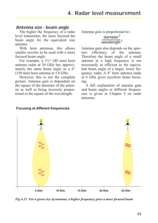 radar_applied_to_level_rb.qxd

15.01.2007

18:46

Seite 63

4. Radar level measurement
Antenna size - beam angle
The higher the frequency of a radar
level transmitter, the more focused the
beam angle for the equivalent size
antenna.
With horn antennas, this allows
smaller nozzles to be used with a more
focused beam angle.
For example, a 1½" (40 mm) horn
antenna radar at 26 GHz has approximately the same beam angle as a 6"
(150 mm) horn antenna at 5.8 GHz.
However, this is not the complete
picture. Antenna gain is dependent on
the square of the diameter of the antenna as well as being inversely proportional to the square of the wavelength.

Antenna gain is proportional to:2
diameter
wavelength 2
Antenna gain also depends on the aperture efficiency of the antenna.
Therefore the beam angle of a small
antenna at a high frequency is not
necessarily as efficient as the equivalent beam angle of a larger, lower frequency radar. A 4" horn antenna radar
at 6 GHz gives excellent beam focusing.
A full explanation of antenna gain
and beam angles at different frequencies is given in Chapter 5 on radar
antennas.

Focusing at different frequencies

5 GHz

10 GHz

15 GHz

20 GHz

25 GHz

Fig 4.13 For a given size of antenna, a higher frequency gives a more focused beam

63

 