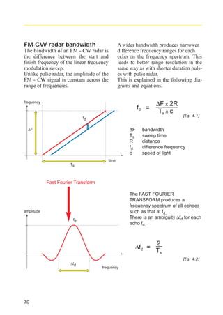 radar_applied_to_level_rb.qxd

15.01.2007

18:46

FM-CW radar bandwidth
The bandwidth of an FM - CW radar is
the difference between the start and
finish frequency of the linear frequency
modulation sweep.
Unlike pulse radar, the amplitude of the
FM - CW signal is constant across the
range of frequencies.

Seite 70

A wider bandwidth produces narrower
difference frequency ranges for each
echo on the frequency spectrum. This
leads to better range resolution in the
same way as with shorter duration pulses with pulse radar.
This is explained in the following diagrams and equations.

frequency

fd =

∆F x 2R
Ts x c

fd

∆F
Ts
R
fd
c

∆F

[Eq. 4.1]

bandwidth
sweep time
distance
difference frequency
speed of light

time
Ts

Fast Fourier Transform
The FAST FOURIER
TRANSFORM produces a
frequency spectrum of all echoes
such as that at fd.
There is an ambiguity ∆fd for each
echo fd.

amplitude
fd

∆fd =

2
Ts
[Eq. 4.2]

∆fd

70

frequency

 