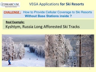 1
Real Example:
Kyshtym, Russia Long Afforested Ski Tracks
CHALLENGE : How to Provide Cellular Coverage to Ski Resorts
Without Base Stations inside ?
VEGA Applications for Ski Resorts
 