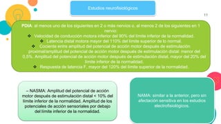11
Estudios neurofisiológicos
PDIA: al menos uno de los siguientes en 2 o más nervios o, al menos 2 de los siguientes en 1
nervio:
 Velocidad de conducción motora inferior del 90% del límite inferior de la normalidad.
 Latencia distal motora mayor del 110% del límite superior de lo normal.
 Cociente entre amplitud del potencial de acción motor después de estimulación
proximal/amplitud del potencial de acción motor después de estimulación distal: menor del
0,5%. Amplitud del potencial de acción motor después de estimulación distal, mayor del 20% del
límite inferior de la normalidad.
 Respuesta de latencia F, mayor del 120% del límite superior de la normalidad.
NAMA: similar a la anterior, pero sin
afectación sensitiva en los estudios
electrofisiológicos.
– NASMA: Amplitud del potencial de acción
motor después de estimulación distal < 10% del
límite inferior de la normalidad. Amplitud de los
potenciales de acción sensoriales por debajo
del límite inferior de la normalidad.
 