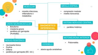 13
DIAGNÓSTICO
DIFERENCIAL
MUSCULAR
UNIÓN NEUROMUSCULAR
NERVIO PERIFÉRICO
MOTONEURONA ANTERIOR
MÉDULA ESPINAL
CEREBELO
SISTEMA NERVIOSO CENTRAL
• miositis infecciosa,
inflamatoria o
metabólica
• Botulismo
• miastenia gravis
• parálisis por garrapata
(Australia)
• Poliomielitis
• compresión medular
• mielitis transversa
• ataxia aguda cerebelosa
• parálisis histérica
• neuropatía tóxica
• Porfiria
• Difteria
• parálisis por garrapata (EE. UU.)
 