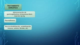 TRATAMIENTO
ESPECÍFICO
Plasmaféresis.
Administración de
gammaglobulina intravenosa dosis
total de 2g/kg
Neurorrehabilitación: estabilización
motora, ortesis, férulas, etc.
 