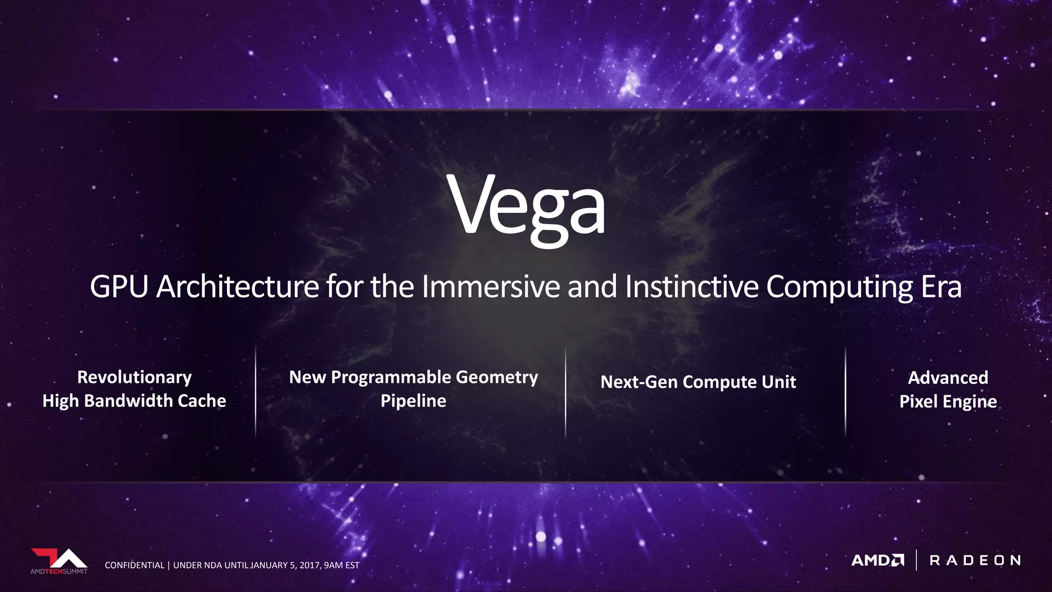 CONFIDENTIAL | UNDER NDA UNTIL JANUARY 5, 2017, 9AM ESTCONFIDENTIAL | UNDER NDA UNTIL JANUARY 5, 2017, 9AM EST
New Programmable Geometry
Pipeline
Revolutionary
High Bandwidth Cache
Advanced
Pixel Engine
Vega
GPU Architecturefor the Immersive and Instinctive Computing Era
Next-Gen Compute Unit
 