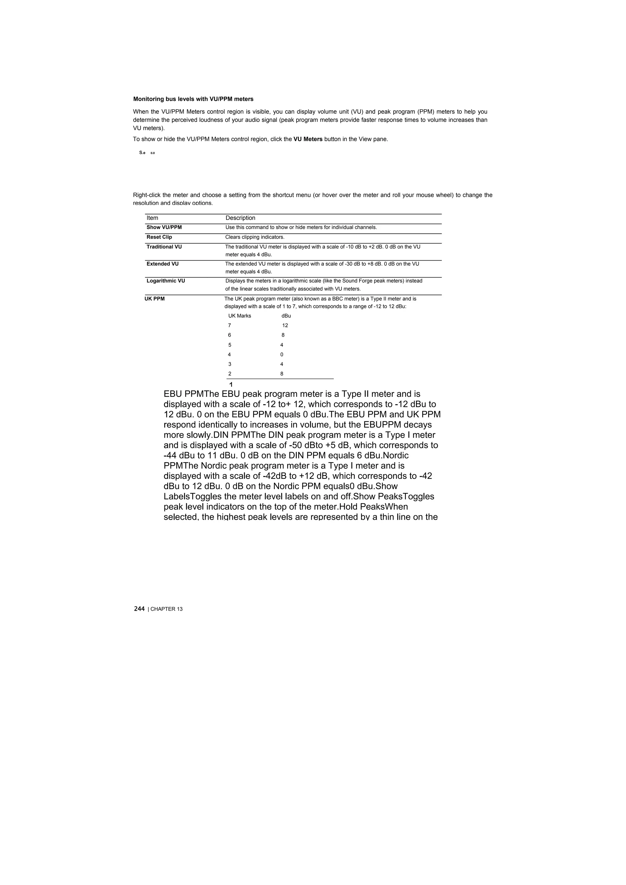 Monitoring bus levels with VU/PPM meters

When the VU/PPM Meters control region is visible, you can display volume unit (VU) and peak program (PPM) meters to help you
determine the perceived loudness of your audio signal (peak program meters provide faster response times to volume increases than
VU meters).
To show or hide the VU/PPM Meters control region, click the VU Meters button in the View pane.

  s.e    8.8




Right-click the meter and choose a setting from the shortcut menu (or hover over the meter and roll your mouse wheel) to change the
resolution and display options.

        Item                      Description
        Show VU/PPM               Use this command to show or hide meters for individual channels.
        Reset Clip                Clears clipping indicators.
        Traditional VU           The traditional VU meter is displayed with a scale of -10 dB to +2 dB. 0 dB on the VU
                                 meter equals 4 dBu.
        Extended VU              The extended VU meter is displayed with a scale of -30 dB to +8 dB. 0 dB on the VU
                                  meter equals 4 dBu.
        Logarithmic VU            Displays the meters in a logarithmic scale (like the Sound Forge peak meters) instead
                                  of the linear scales traditionally associated with VU meters.
    UK PPM                       The UK peak program meter (also known as a BBC meter) is a Type II meter and is
                                 displayed with a scale of 1 to 7, which corresponds to a range of -12 to 12 dBu:
                                   UK Marks                dBu
                                   7                       12
                                   6                       8
                                   5                       4
                                   4                       0
                                   3                       4
                                   2                       8

                                1
               EBU PPMThe EBU peak program meter is a Type II meter and is
               d
               displayed with a scale of -12 to+ 12, which corresponds to -12 dBu to
               1
               12 dBu. 0 on the EBU PPM equals 0 dBu.The EBU PPM and UK PPM
               r
               respond identically to increases in volume, but the EBUPPM decays
               more slowly.DIN PPMThe DIN peak program meter is a Type I meter
               a
               and is displayed with a scale of -50 dBto +5 dB, which corresponds to
               -44 dBu to 11 dBu. 0 dB on the DIN PPM equals 6 dBu.Nordic
               PPMThe Nordic peak program meter is a Type I meter and is
               d
               displayed with a scale of -42dB to +12 dB, which corresponds to -42
               d
               dBu to 12 dBu. 0 dB on the Nordic PPM equals0 dBu.Show
               LabelsToggles the meter level labels on and off.Show PeaksToggles
               peak level indicators on the top of the meter.Hold PeaksWhen
               selected, the highest peak levels are represented by a thin line on the




244 | CHAPTER 13
 