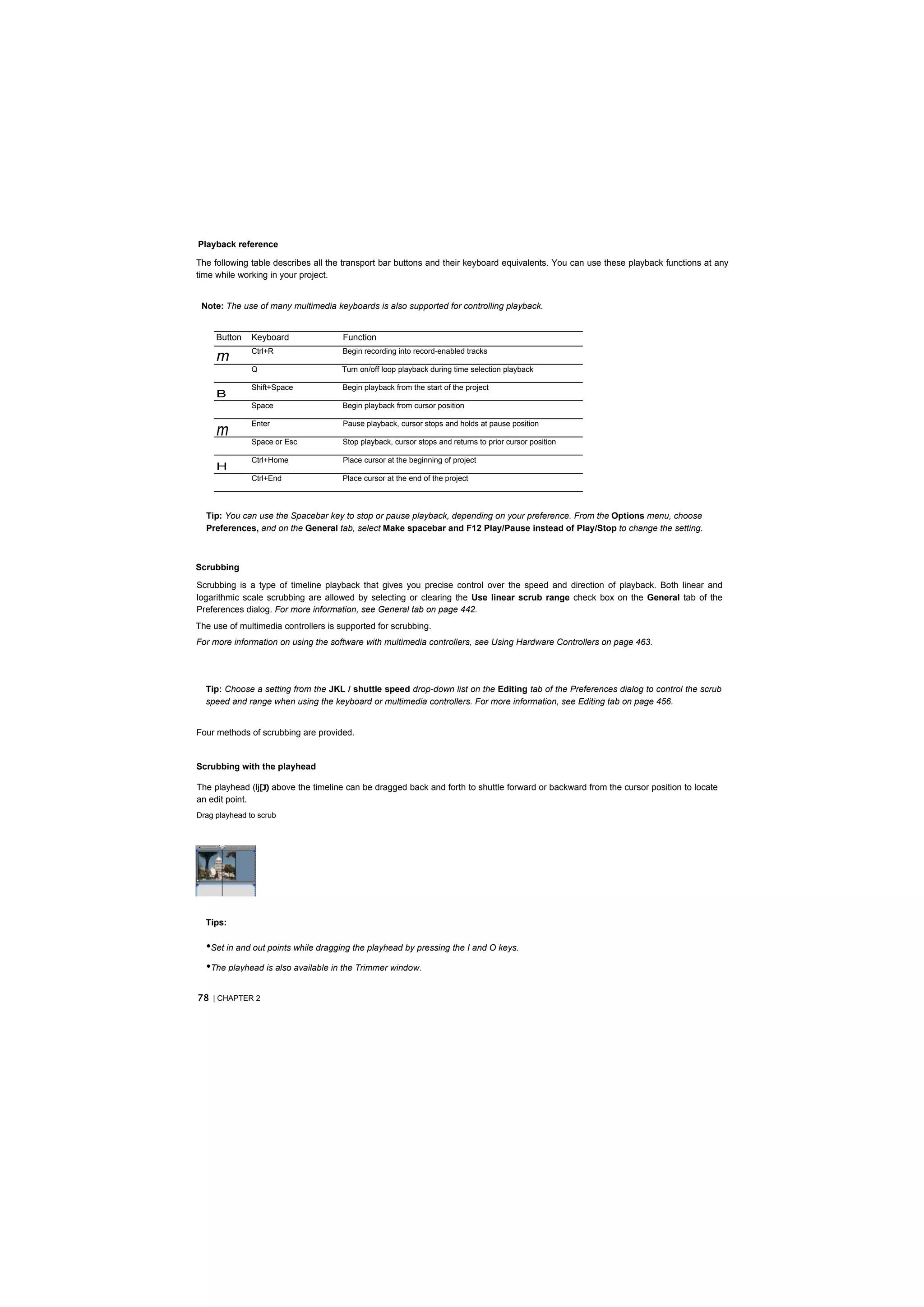Playback reference

The following table describes all the transport bar buttons and their keyboard equivalents. You can use these playback functions at any
time while working in your project.


 Note: The use of many multimedia keyboards is also supported for controlling playback.


      Button   Keyboard               Function
               Ctrl+R                 Begin recording into record-enabled tracks
      m
               Q                      Turn on/off loop playback during time selection playback

               Shift+Space            Begin playback from the start of the project
      B
               Space                  Begin playback from cursor position

               Enter                  Pause playback, cursor stops and holds at pause position
      m
               Space or Esc           Stop playback, cursor stops and returns to prior cursor position

               Ctrl+Home              Place cursor at the beginning of project
      H
               Ctrl+End               Place cursor at the end of the project



    Tip: You can use the Spacebar key to stop or pause playback, depending on your preference. From the Options menu, choose
    Preferences, and on the General tab, select Make spacebar and F12 Play/Pause instead of Play/Stop to change the setting.



Scrubbing

Scrubbing is a type of timeline playback that gives you precise control over the speed and direction of playback. Both linear and
logarithmic scale scrubbing are allowed by selecting or clearing the Use linear scrub range check box on the General tab of the
Preferences dialog. For more information, see General tab on page 442.
The use of multimedia controllers is supported for scrubbing.
For more information on using the software with multimedia controllers, see Using Hardware Controllers on page 463.




    Tip: Choose a setting from the JKL / shuttle speed drop-down list on the Editing tab of the Preferences dialog to control the scrub
    speed and range when using the keyboard or multimedia controllers. For more information, see Editing tab on page 456.


Four methods of scrubbing are provided.


Scrubbing with the playhead

The playhead (lj[J) above the timeline can be dragged back and forth to shuttle forward or backward from the cursor position to locate
an edit point.
Drag playhead to scrub



:




    Tips:

    •Set in and out points while dragging the playhead by pressing the I and O keys.
    •The playhead is also available in the Trimmer window.

78 | CHAPTER 2
 