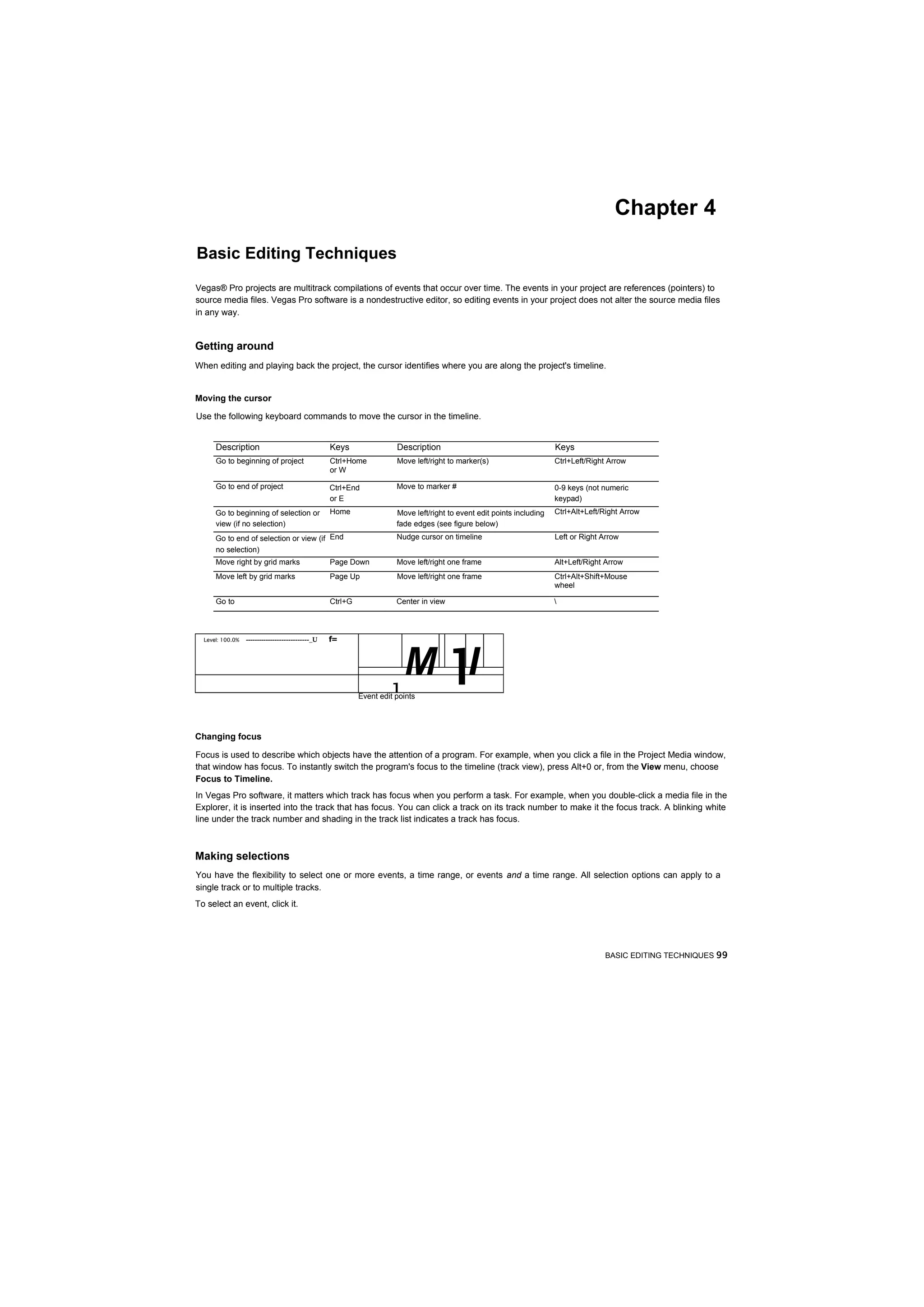 Chapter 4

Basic Editing Techniques
Vegas® Pro projects are multitrack compilations of events that occur over time. The events in your project are references (pointers) to
source media files. Vegas Pro software is a nondestructive editor, so editing events in your project does not alter the source media files
in any way.


Getting around
When editing and playing back the project, the cursor identifies where you are along the project's timeline.


Moving the cursor

Use the following keyboard commands to move the cursor in the timeline.


      Description                                  Keys                Description                                      Keys
      Go to beginning of project                   Ctrl+Home           Move left/right to marker(s)                     Ctrl+Left/Right Arrow
                                                   or W

      Go to end of project                         Ctrl+End            Move to marker #                                 0-9 keys (not numeric
                                                   or E                                                                 keypad)
      Go to beginning of selection or              Home                Move left/right to event edit points including   Ctrl+Alt+Left/Right Arrow
      view (if no selection)                                           fade edges (see figure below)
      Go to end of selection or view (if End                           Nudge cursor on timeline                         Left or Right Arrow
      no selection)
      Move right by grid marks                     Page Down           Move left/right one frame                        Alt+Left/Right Arrow
      Move left by grid marks                      Page Up             Move left/right one frame                        Ctrl+Alt+Shift+Mouse
                                                                                                                        wheel

      Go to                                        Ctrl+G              Center in view                                   




                                                                         M1
  Level: 100.0%   ----------------------------_U   f=



                                                                           I
                                                                     1
                                                            Event edit points




Changing focus

Focus is used to describe which objects have the attention of a program. For example, when you click a file in the Project Media window,
that window has focus. To instantly switch the program's focus to the timeline (track view), press Alt+0 or, from the View menu, choose
Focus to Timeline.
In Vegas Pro software, it matters which track has focus when you perform a task. For example, when you double-click a media file in the
Explorer, it is inserted into the track that has focus. You can click a track on its track number to make it the focus track. A blinking white
line under the track number and shading in the track list indicates a track has focus.



Making selections
You have the flexibility to select one or more events, a time range, or events and a time range. All selection options can apply to a
single track or to multiple tracks.
To select an event, click it.




                                                                                                                                      BASIC EDITING TECHNIQUES 99
 