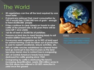 The World20 vegetarians can live off the land required by one meat eater If Americans reduced their meat consumption by 10% it would free 12,000,000 tons of grain - enough to feed 60,000,000  peopleIf they continue to clear American forests to raise cattle at the present rate, in 50 years there will be none left 1 acre yields 165 lbs of beef or 20,000 lbs of potatoesPressure on land due to meat farming leads to soil erosion 6billion tons/year in the USA If everyone went vegetarian up to 90% of land used for animal farming could be taken out of production & used to replant woodlands, leisure activities, etc. 90% of cattle ranches established on cleared forest land go bankrupt in less than 8 years as the land becomes barren due to nutrient loss & overgrazing 25% of Central America's forests have been destroyed for cattle grazing since 1960 Overgrazing by cattle is destroying the land & increasing desertification, nearly 430 million acres in the USA alone has suffered a 25-50% reduction in yield since first grazed Videohttp://www.petatv.com/tvpopup/video.asp?video=meats_not_green_peta2&Player=qt