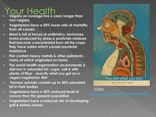 Your HealthVegans on average live 6 years longer than non-vegans.Vegetarians have a 20% lower rate of mortality from all causesMeat is full of traces of antibiotics, hormones, toxins produced by stress & pesticide residues that become concentrated from all the crops they have eaten which causes bacterial resistanceFish contain heavy metals & other pollutants -many of which originated on farms The world health organization recommends a diet low in saturated fat, sugar, salt & with plenty of fiber - exactly what you get on a vegan/vegetarian diet Farmed animals contain up to 50% saturated fat in their bodies Vegetarians have a 40% reduced level of cancer than the general populationVegetarians have a reduced risk of developing gall & kidney stones You are what you eat.Videohttp://www.goveg.com/feat/chewonthis/
