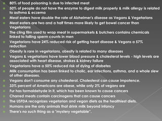 80% of food poisoning is due to infected meat50% of people do not have the enzyme to digest milk properly & milk allergy is related to asthma & eczema Meat eaters have double the rate of Alzheimer's disease as Vegans & VegetariansMeat eaters are two and a half times more likely to get bowel cancer than Vegetarians The cling film used to wrap meat in supermarkets & butchers contains chemicals linked to falling sperm counts in men Vegetarians have 24% reduced risk of getting heart disease & Vegans a 57% reduction Obesity is rare in vegetarians, obesity is related to many diseases Vegans & vegetarians have lower blood pressure & cholesterol levels - high levels are associated with heart disease, strokes & kidney failure Vegetarians have a 50% reduced risk of dying of diabetesMilk consumption has been linked to cholic, ear infections, asthma, and a whole slew of other diseases.Vegans don't consume any cholesterol. Cholesterol can cause impotence.33% percent of Americans are obese, while only 2% of vegans areFur has formaldehyde in it, which has been known to cause cancersCharred meats contain carcinogens that can cause cancersThe USFDA recognizes vegetarian and vegan diets as the healthiest diets.Humans are the only animals that drink milk beyond infancyThere's no such thing as a "mystery vegetable”.